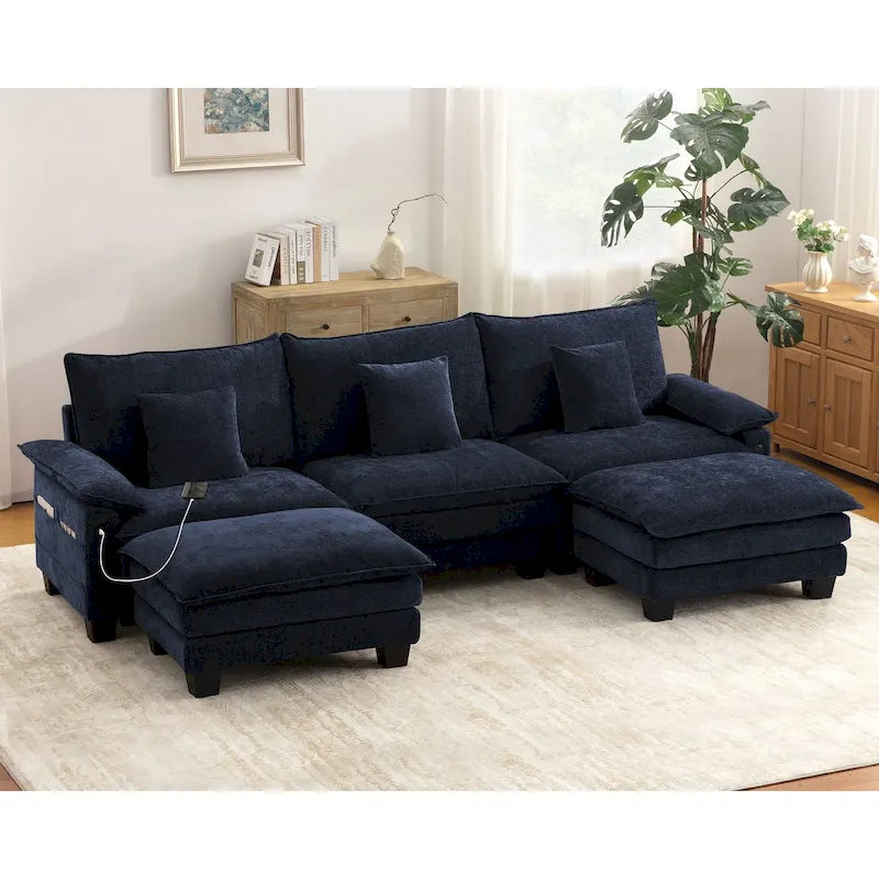 Set di mobili per soggiorno, Set divano componibile modulare con pouf per soggiorno, Divano convertibile