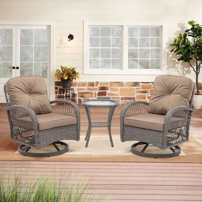 Set da 3 Poltrone da Esterno Girevoli e a Dondolo, Set Conversazione da Patio con Dondolo a 360 Gradi