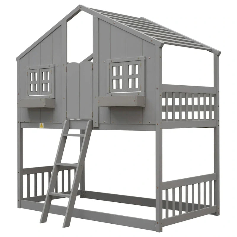 Letto a castello a casetta singolo su singolo con tetto, finestra, fioriera, porta, con sponde di sicurezza e scaletta, Grigio