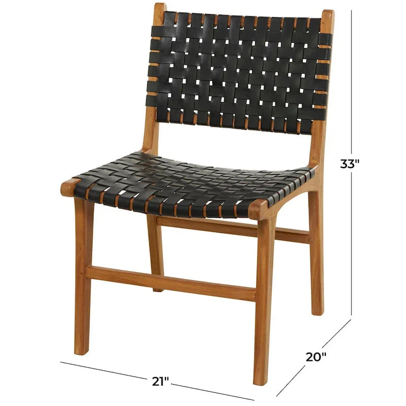 Sedie da Pranzo in Pelle Intrecciata Fatte a Mano con Struttura in Legno Teak - Set di 2 Marroni, Bianche o Nere - Roche River Decor