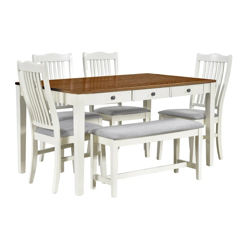 Set da pranzo di 6 pezzi in legno con 4 sedie e panca, tavolo con cassetto
