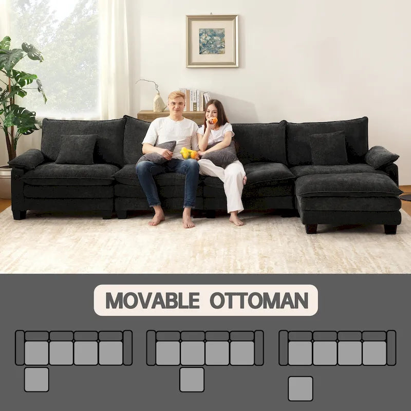 Set di mobili per soggiorno, Set divano componibile modulare con pouf per soggiorno, Divano convertibile
