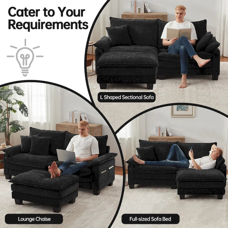Divano Sezionale Modulare, Comodo Divano Sezionale Cloud con Pouf, Divano Letto a Seduta Profonda per Soggiorno