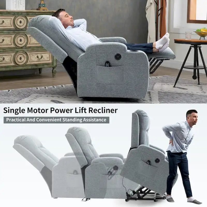Poltrona reclinabile elettrica Lazy Boy Power Lift, moderna poltrona massaggiante a motore singolo con riscaldamento lombare, porta di ricarica USB, portabicchieri