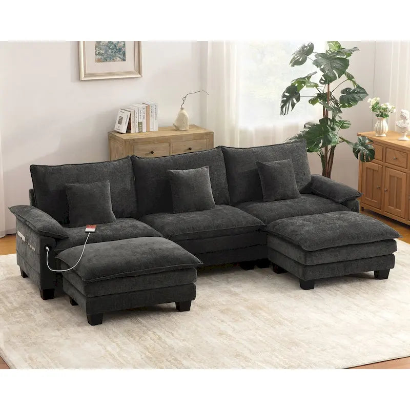 Set di mobili per soggiorno, Set divano componibile modulare con pouf per soggiorno, Divano convertibile