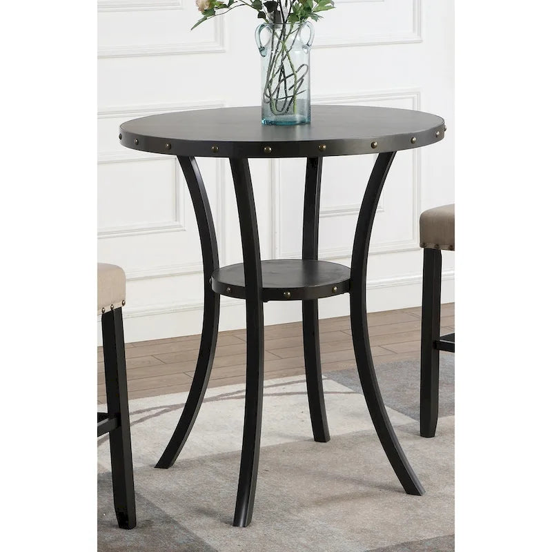 Set da pranzo in stile moderno da 3 pezzi con tavolo bar rotondo e 2 sedie da pub con borchie