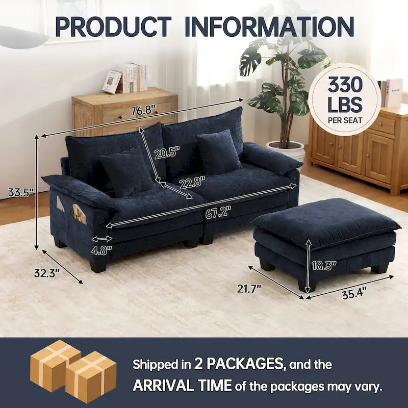 Set di mobili per soggiorno, Set divano componibile modulare con pouf per soggiorno, Divano convertibile