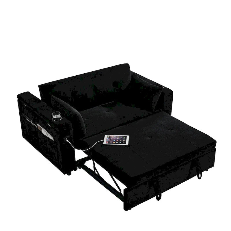 Divano Letto Estraibile 54", Divano Reclinabile 2 Posti con Contenitore, Cuscino Lombare, Presa USB