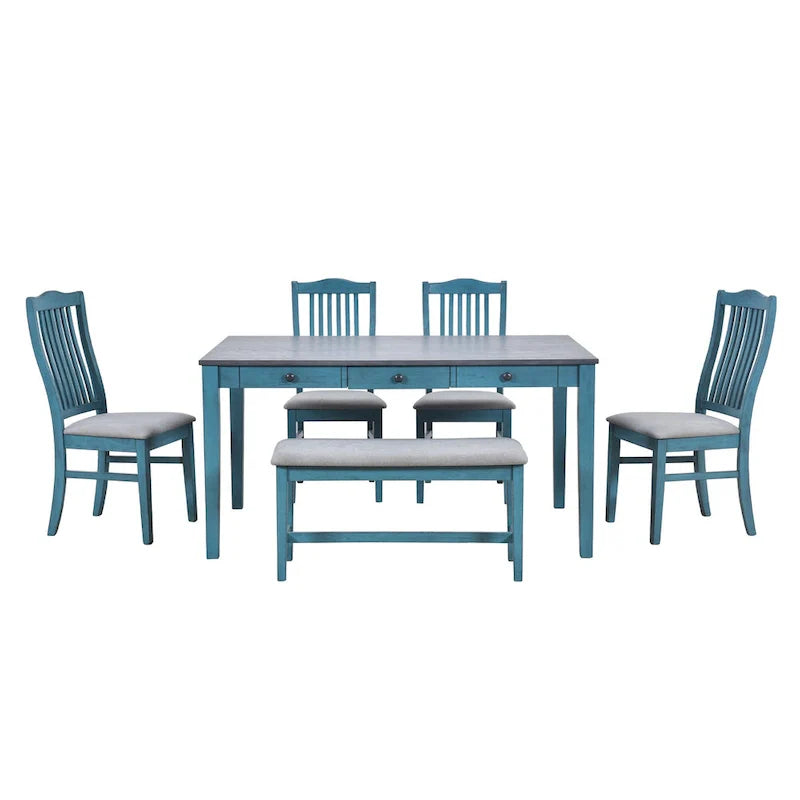 Set da pranzo di 6 pezzi in legno con 4 sedie e panca, tavolo con cassetto