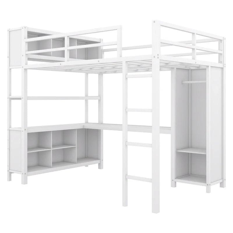 Letto a soppalco in metallo Off-White con scrivania e armadio - Matrimoniale