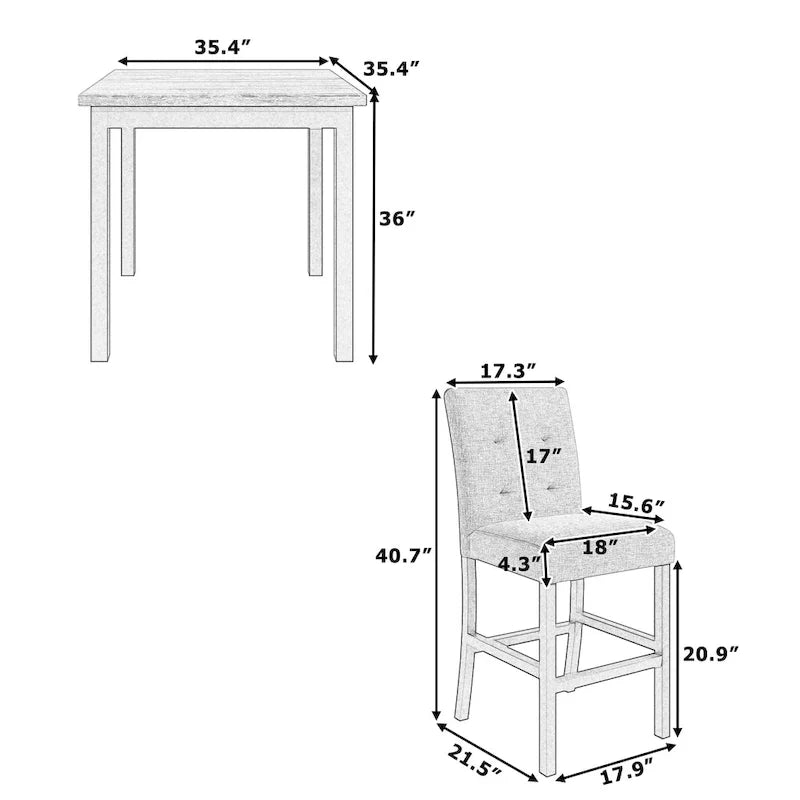 Set da pranzo da 5 pezzi ad altezza bancone, set tavolo da pranzo in legno con tavolo rettangolare e 4 sedie imbottite con schienale alto