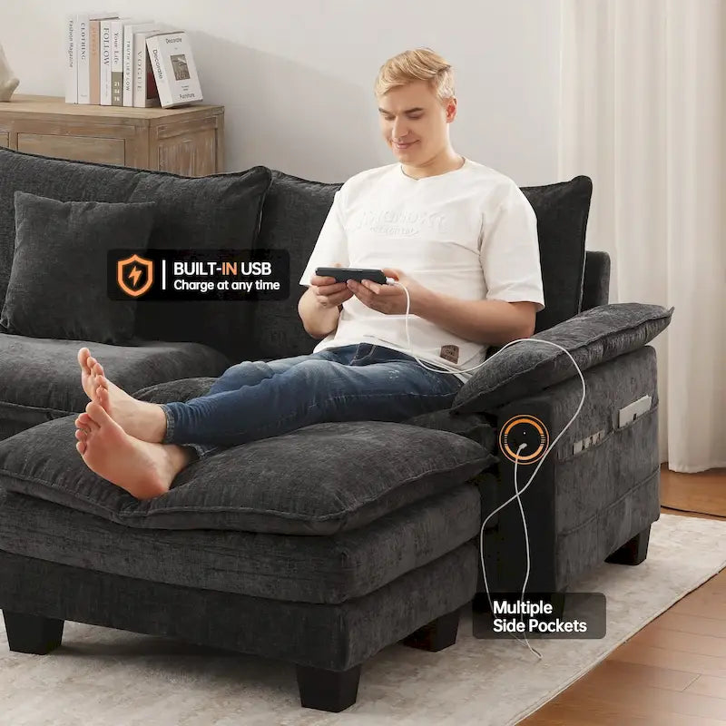 Set di mobili per soggiorno, Set divano componibile modulare con pouf per soggiorno, Divano convertibile