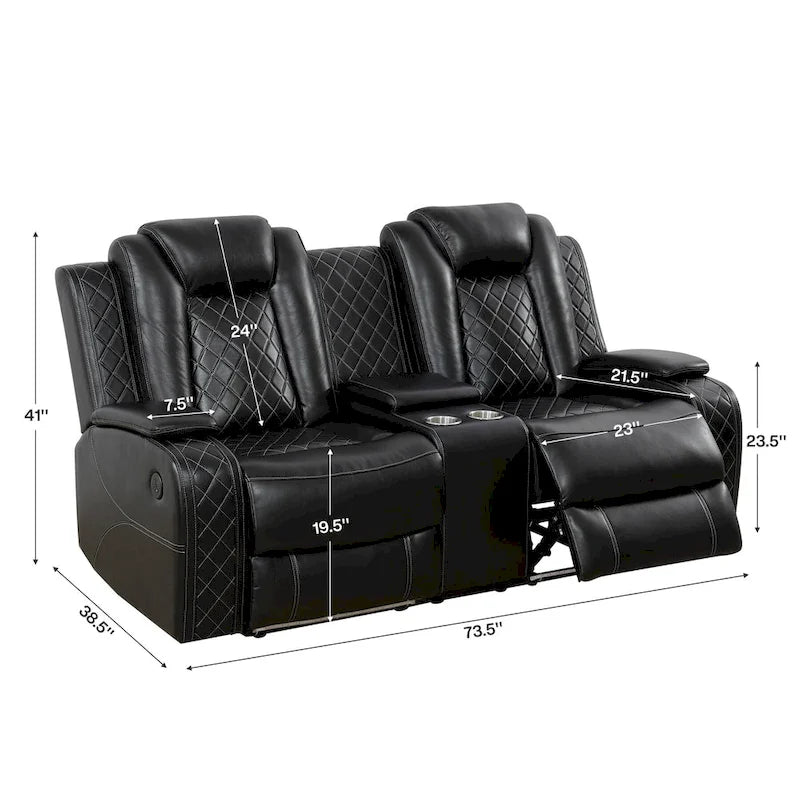 Divano Recliner Moderno in Pelle a 3 Posti con LED, Ricarica Wireless