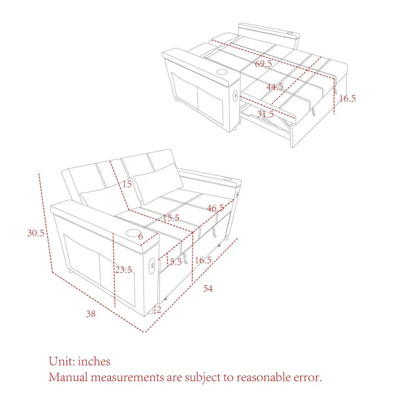 Divano Letto Estraibile 54", Divano Reclinabile 2 Posti con Contenitore, Cuscino Lombare, Presa USB