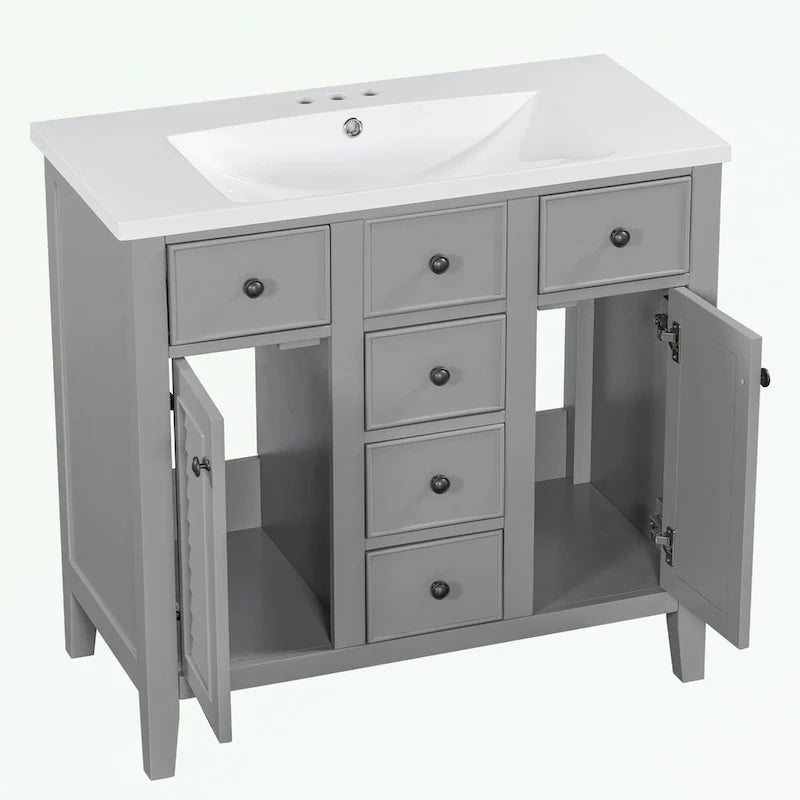Mobile bagno con lavabo in ceramica, due ante e cinque cassetti