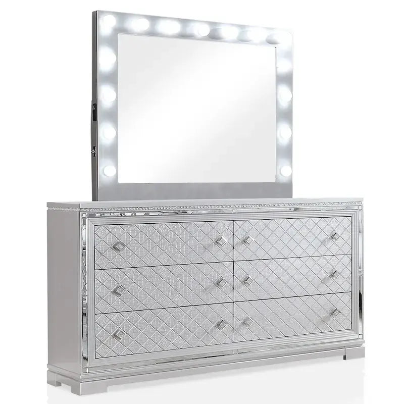 Set camera da letto 5 pezzi Seleena Glam Silver Wood con pannello trapuntato e porta USB di Furniture of America