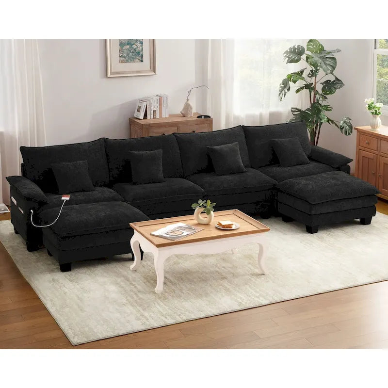Set di mobili per soggiorno, Set divano componibile modulare con pouf per soggiorno, Divano convertibile