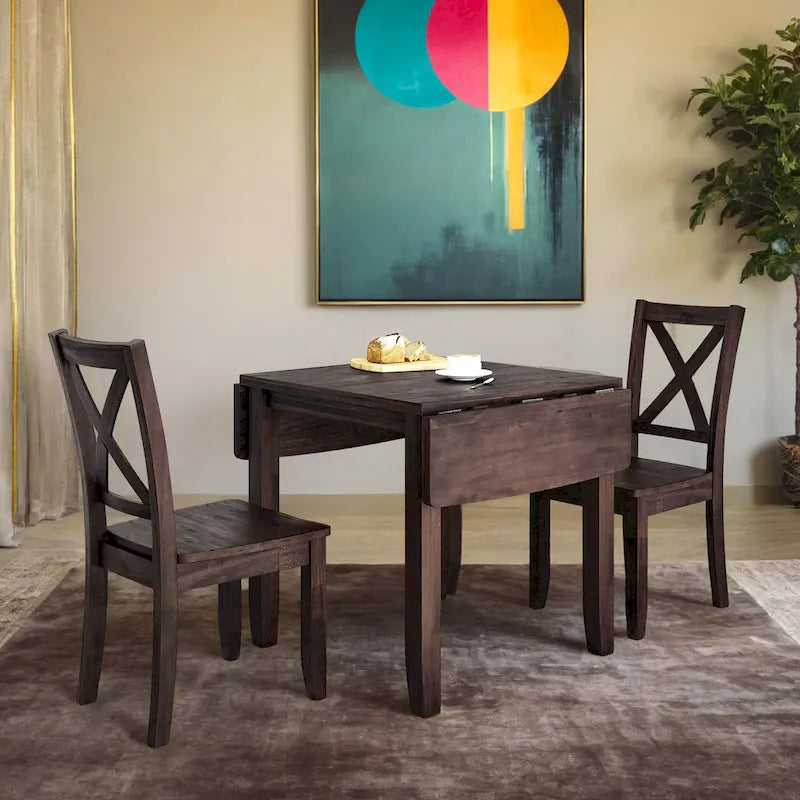 Set da Tavolo da Pranzo 3 Pezzi in Legno con Piano Ribaltabile e 2 Sedie a X per Piccoli Spazi