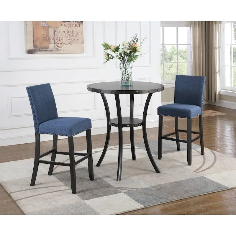 Set da pranzo in stile moderno da 3 pezzi con tavolo bar rotondo e 2 sedie da pub con borchie