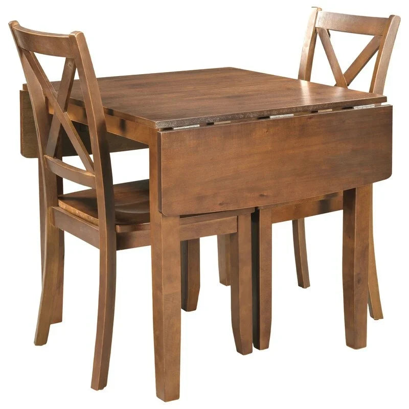 Set da Tavolo da Pranzo 3 Pezzi in Legno con Piano Ribaltabile e 2 Sedie a X per Piccoli Spazi