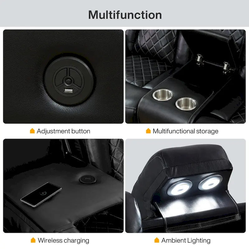 Divano Recliner Moderno in Pelle a 3 Posti con LED, Ricarica Wireless