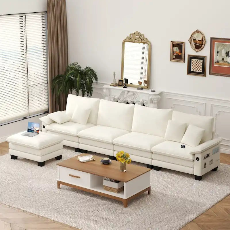 Set di mobili per soggiorno, Set divano componibile modulare con pouf per soggiorno, Divano convertibile