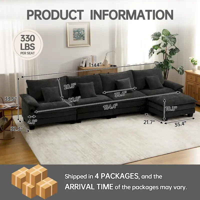 Set di mobili per soggiorno, Set divano componibile modulare con pouf per soggiorno, Divano convertibile