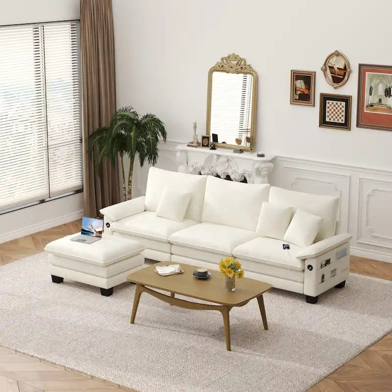 Set di mobili per soggiorno, Set divano componibile modulare con pouf per soggiorno, Divano convertibile