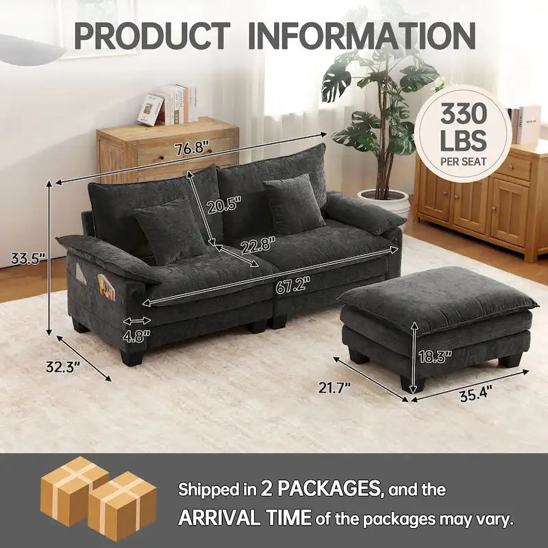 Set di mobili per soggiorno, Set divano componibile modulare con pouf per soggiorno, Divano convertibile
