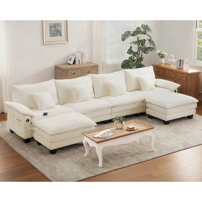 Set di mobili per soggiorno, Set divano componibile modulare con pouf per soggiorno, Divano convertibile