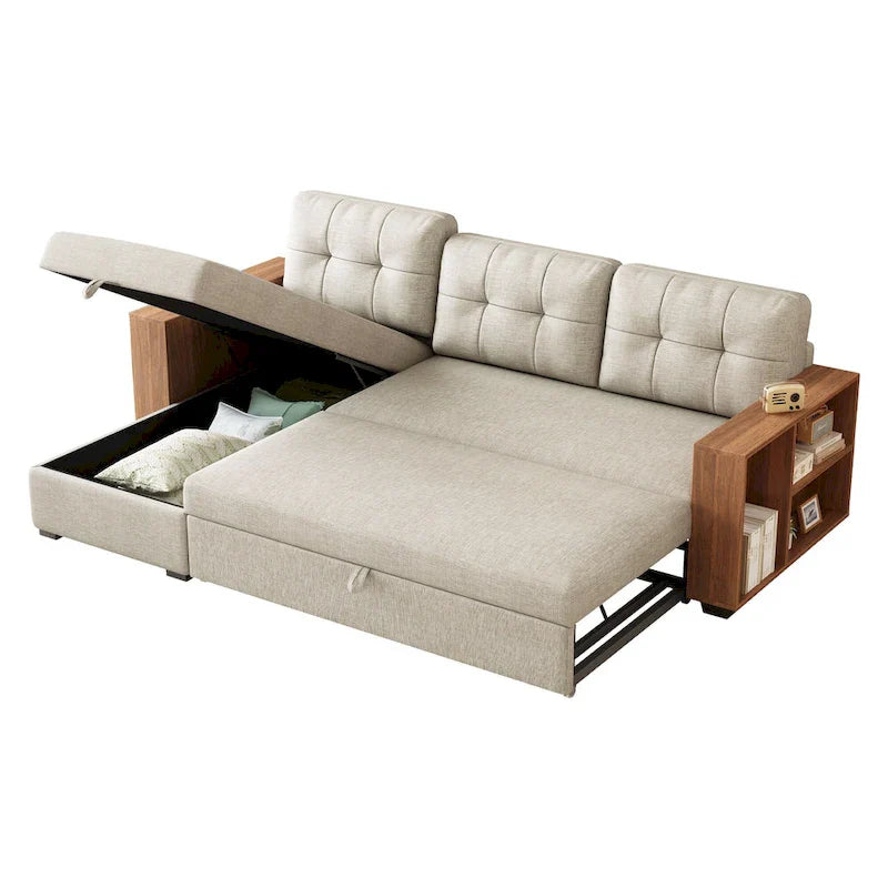Divano Sezionale Convertibile con Letto Estraibile e Chaise Longue Contenitore Nascosto