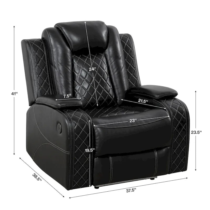 Divano Recliner Moderno in Pelle a 3 Posti con LED, Ricarica Wireless