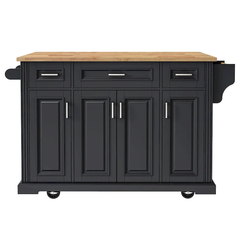 54 - Grande isola cucina con anta a ribalta in legno di gomma, carrello da cucina scorrevole con texture in rilievo su 4 ruote con 4 ante e 3 cassetti